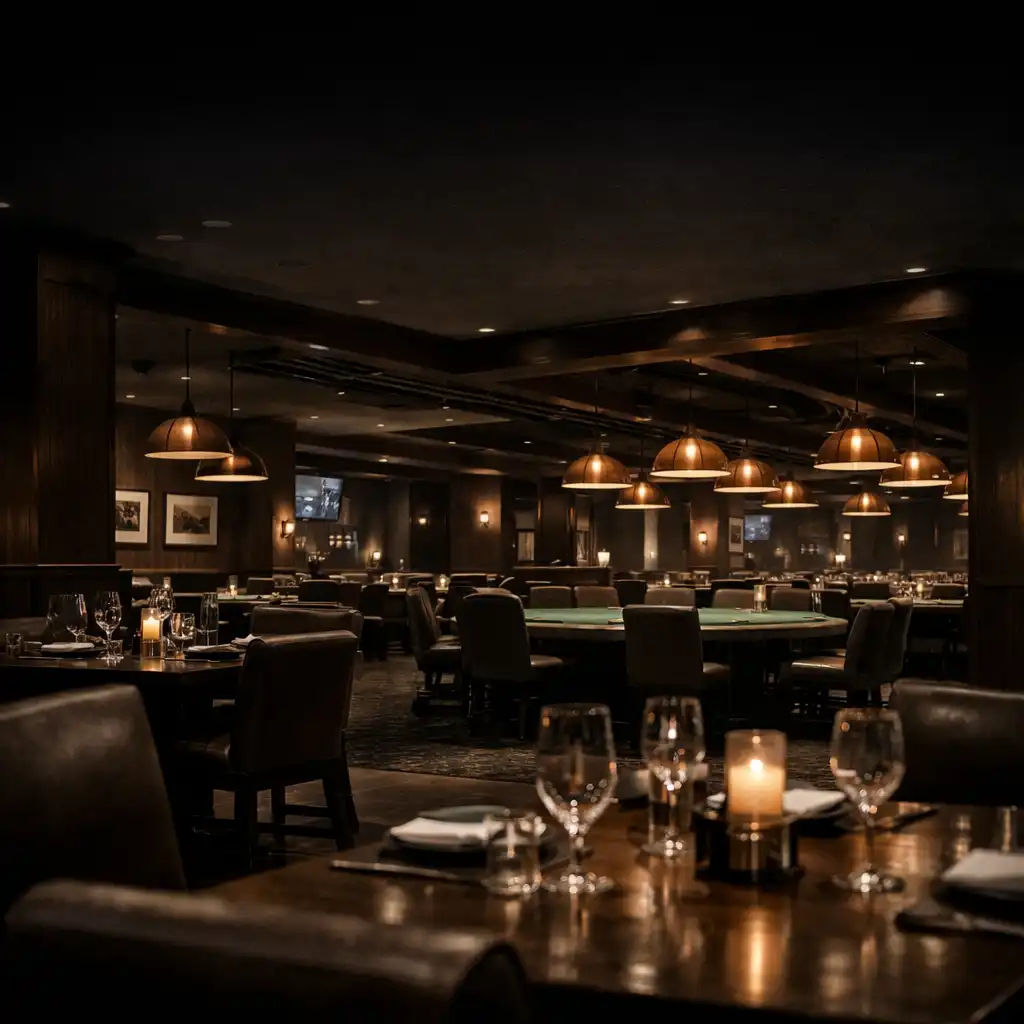 Warm interior of Fiestayfortuna restaurant and poker lounge with dining tables and felt poker tables