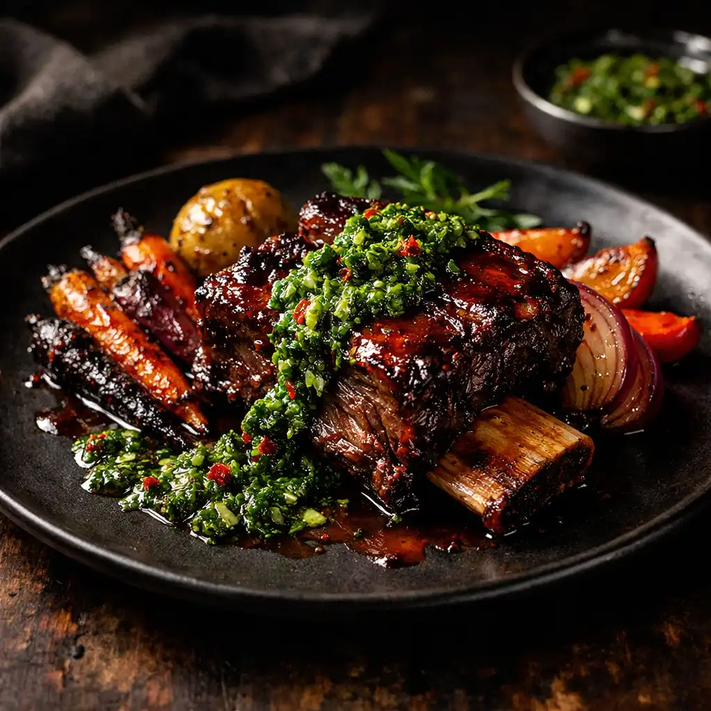 Slow-cooked beef short ribs with smoky glaze and roasted vegetables