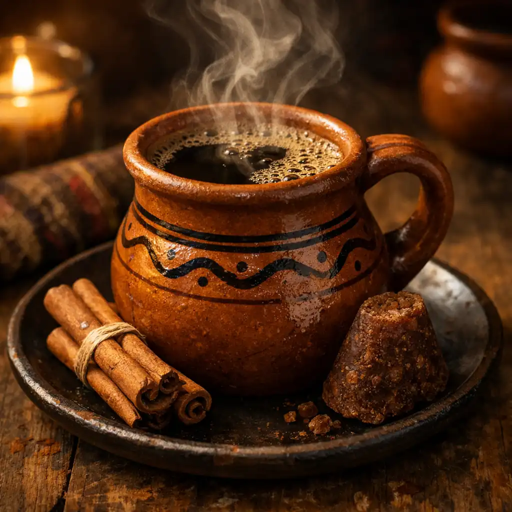 Mexican spiced coffee in a clay mug with cinnamon sticks