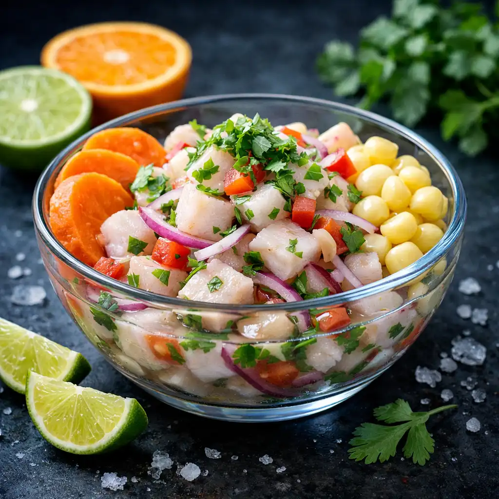 Fresh ceviche with citrus, red onion, and sweet potato