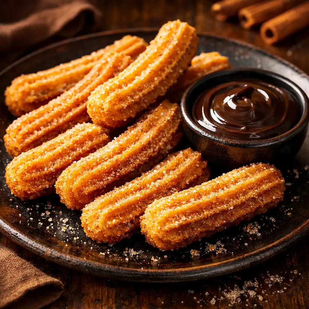 Crispy churros with dark chocolate dipping sauce