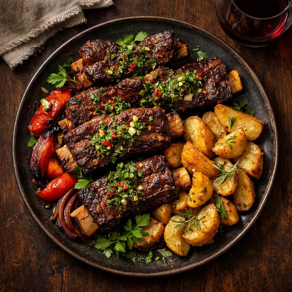 Plate of Asado de Tira with slow-cooked beef short ribs, chimichurri, roasted vegetables, and crispy potatoes