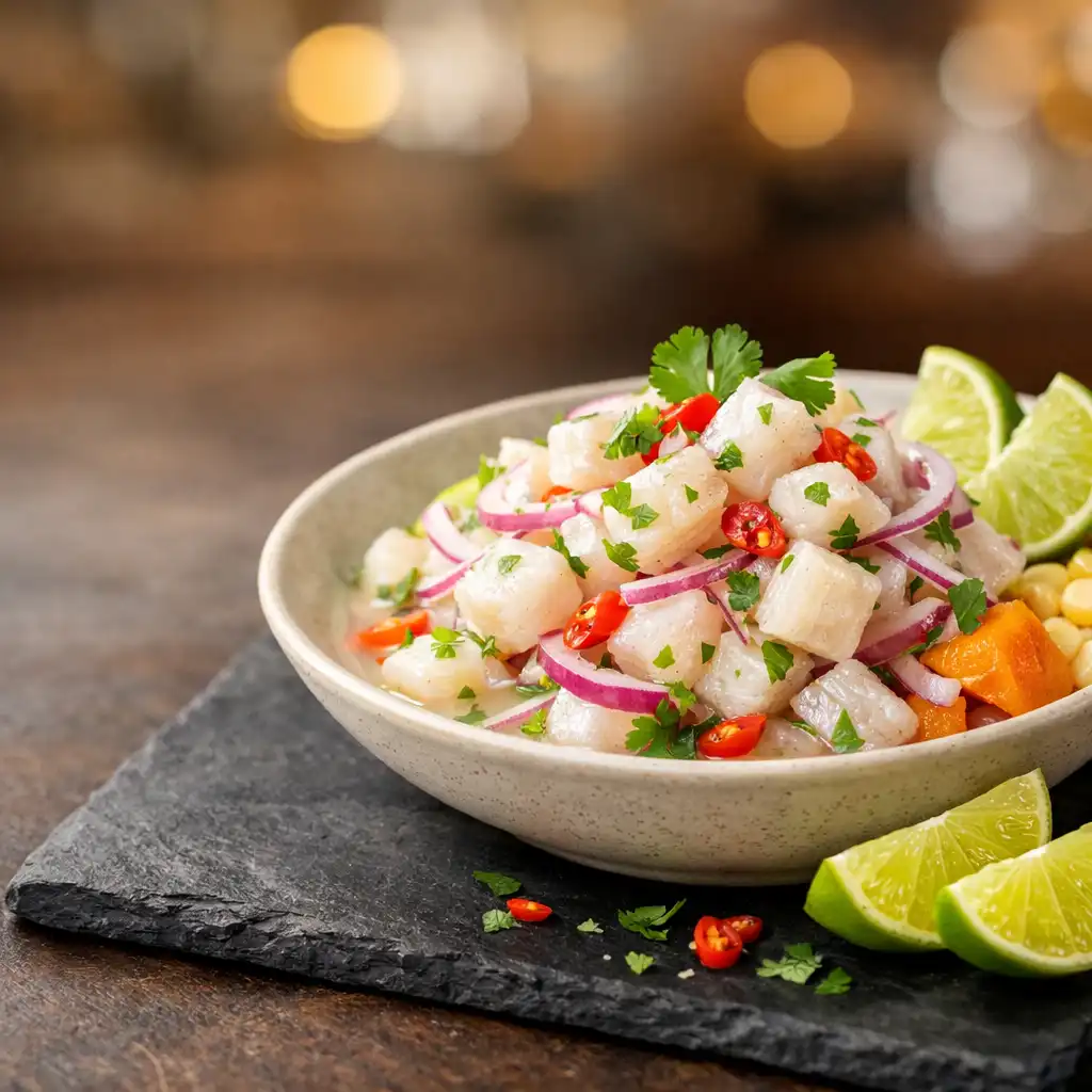 Ceviche Clásico with fresh white fish cubes, citrus, red onion, coriander, and aji limo in a shallow bowl