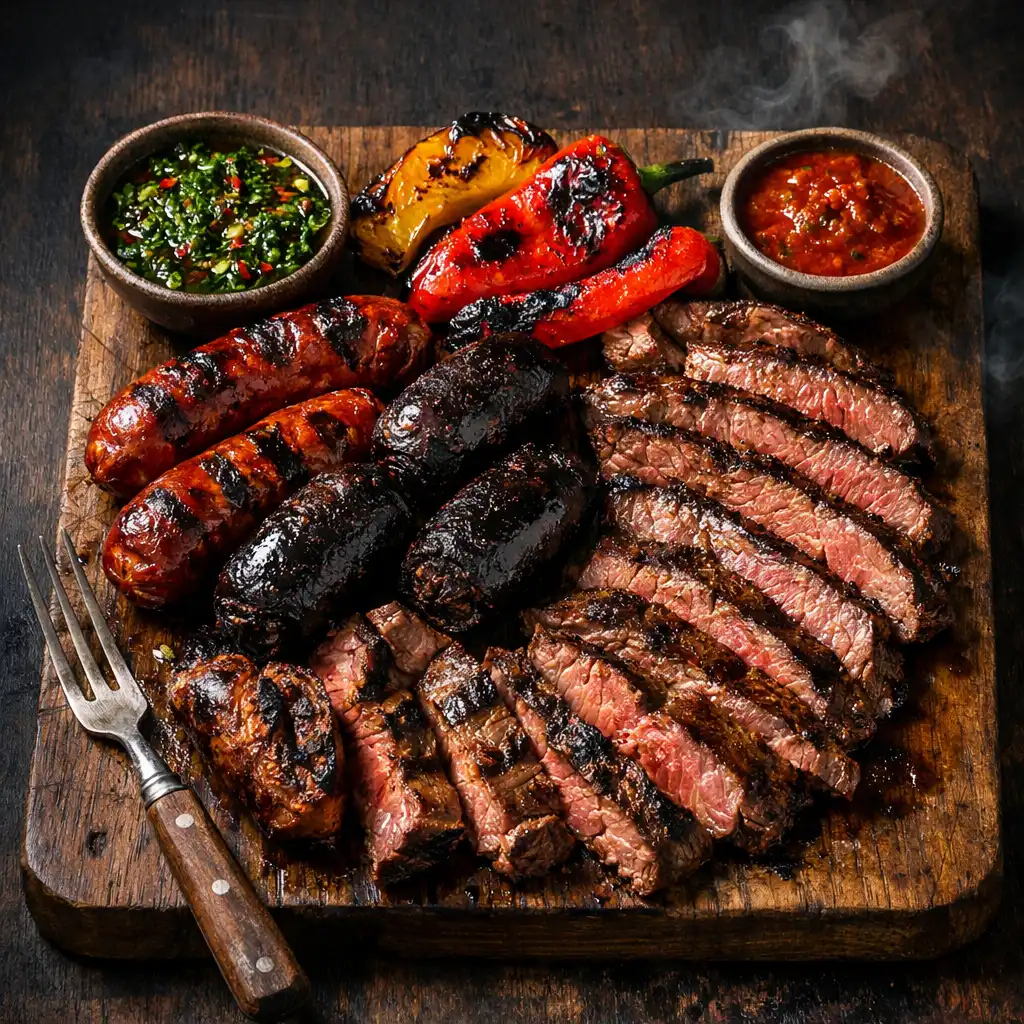 Churrasco Mixto platter with grilled chorizo, morcilla, tender steak slices, chimichurri, and grilled peppers