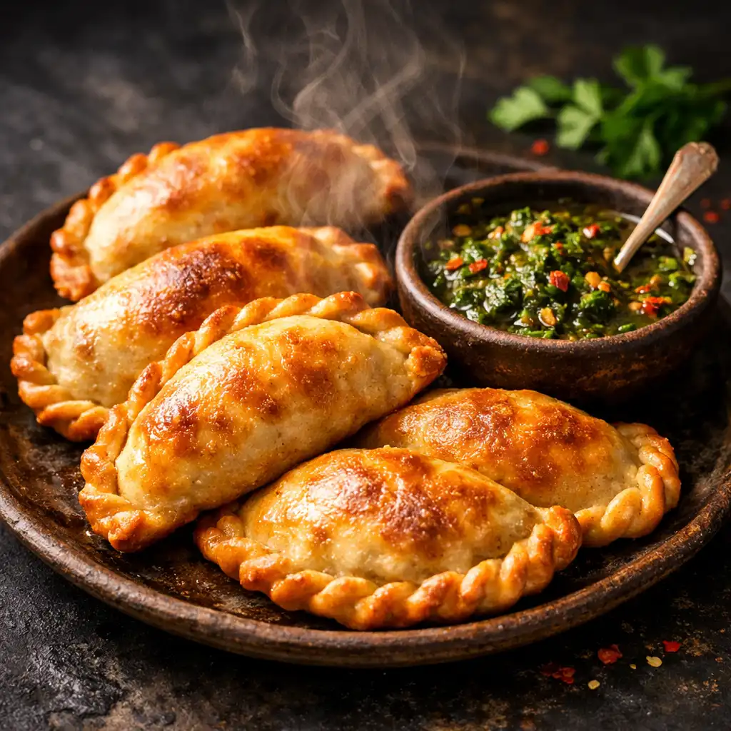 Golden-brown empanadas with chimichurri sauce