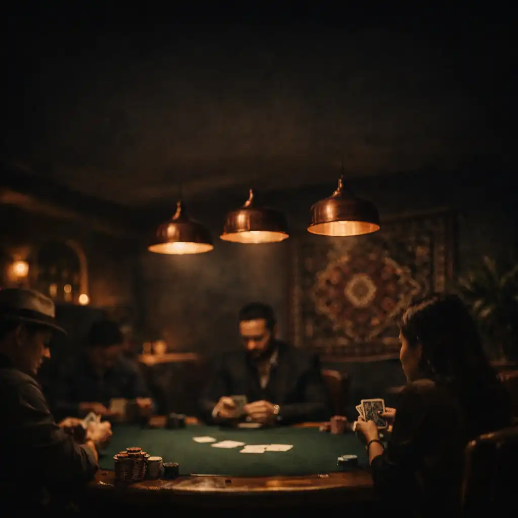 Moody poker lounge with a green felt table and warm copper pendant lights