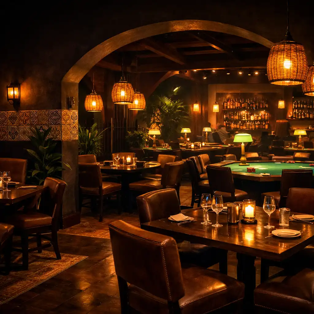 Warm interior of Fiestayfortuna restaurant and poker lounge with dining tables and green felt poker tables in the background