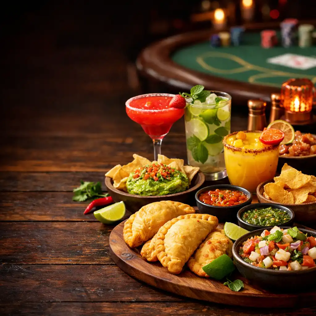Latin-inspired dishes and cocktails on a dark table with a blurred poker table in the background
