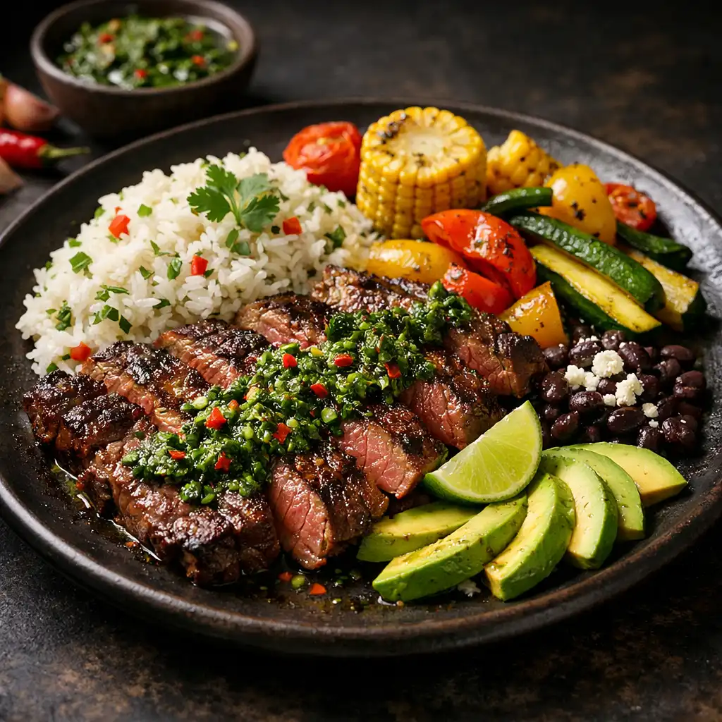 Beautifully plated Latin-inspired dish with grilled steak, colorful vegetables, and rice