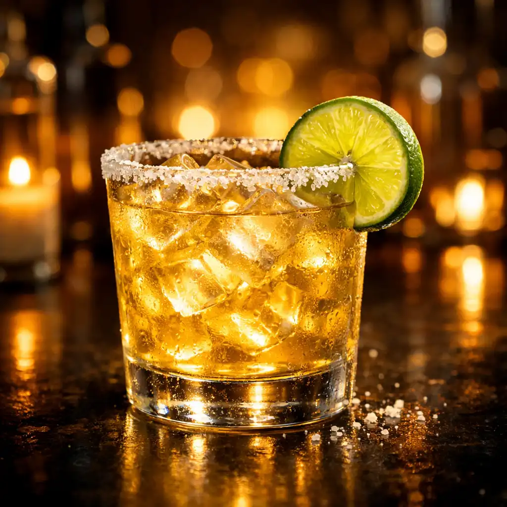 Margarita on the rocks with salted rim and lime wheel