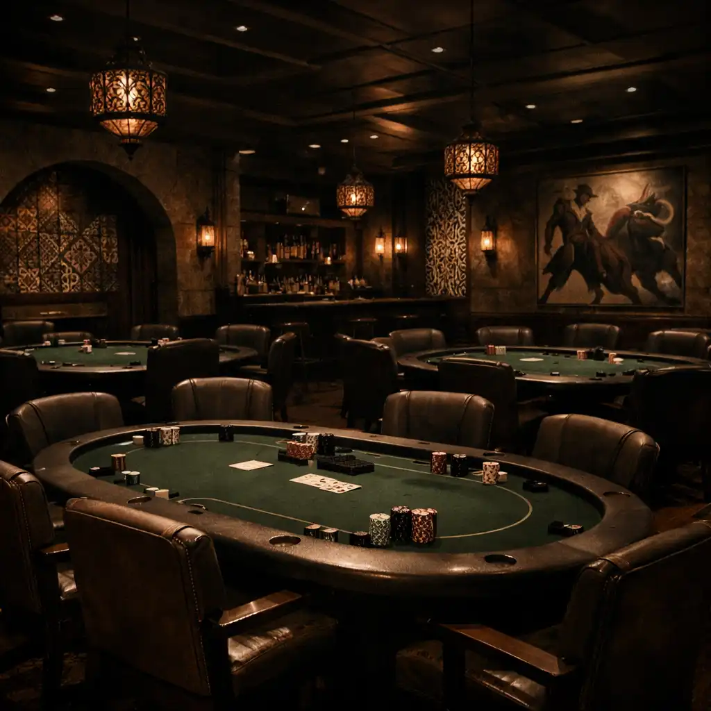 Upscale poker lounge with multiple felt tables and warm copper lighting