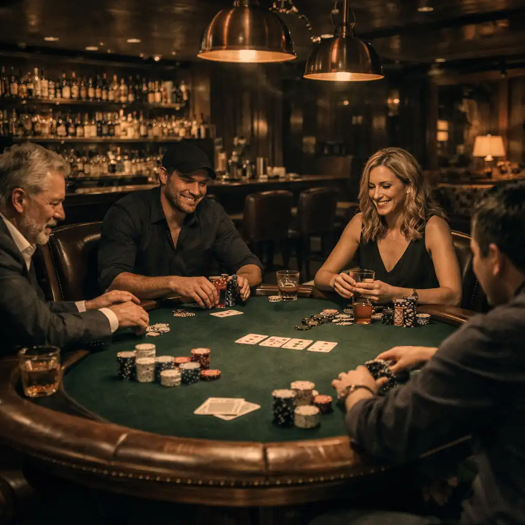 Lively poker table in the Fiestayfortuna lounge with players engaged in a friendly chip-based game
