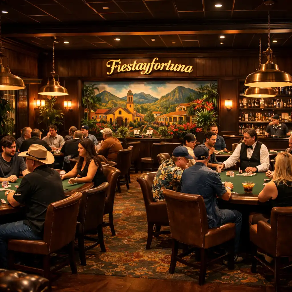 Wide view of the Fiestayfortuna poker lounge with several felt tables, leather chairs, and warm brass lighting
