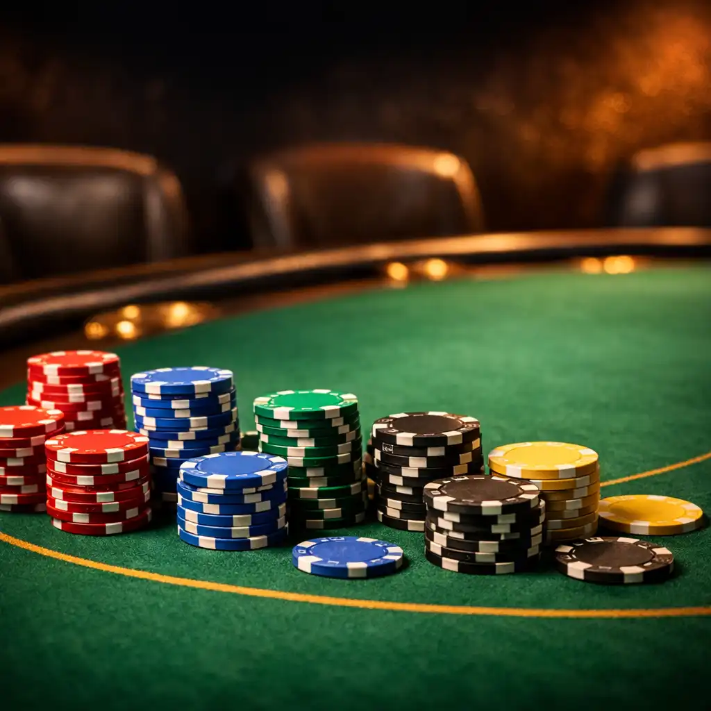 Professional poker table with green felt and colorful chips, no cards or cash visible