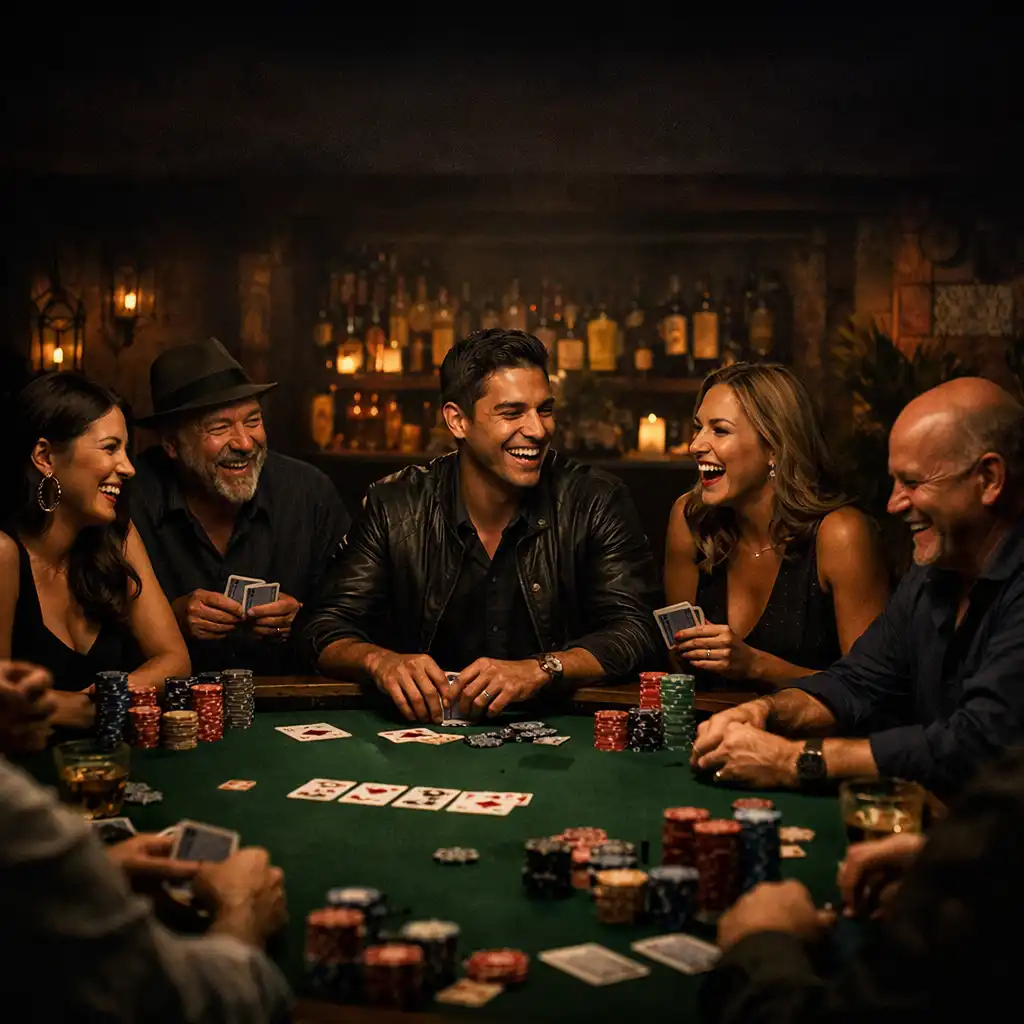 Lively poker night at Fiestayfortuna with players around a green felt table