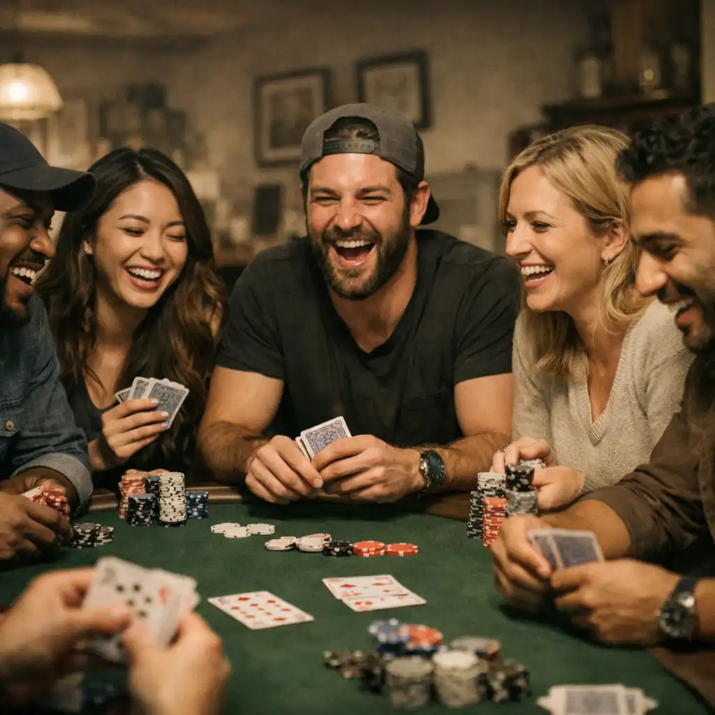Group of friends laughing and enjoying a social poker game around a table