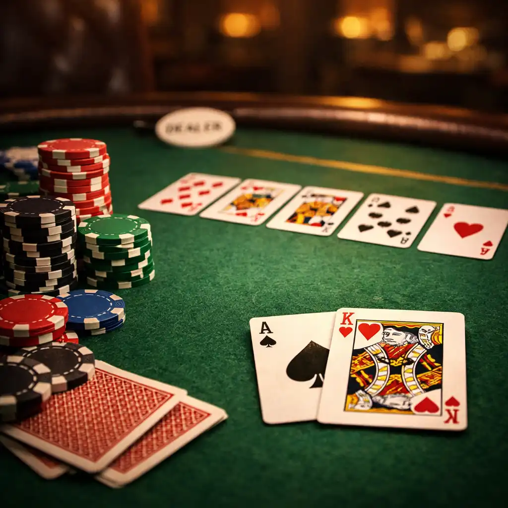 Close-up of a professional poker table with green felt, poker chips, and playing cards in a dimly lit room