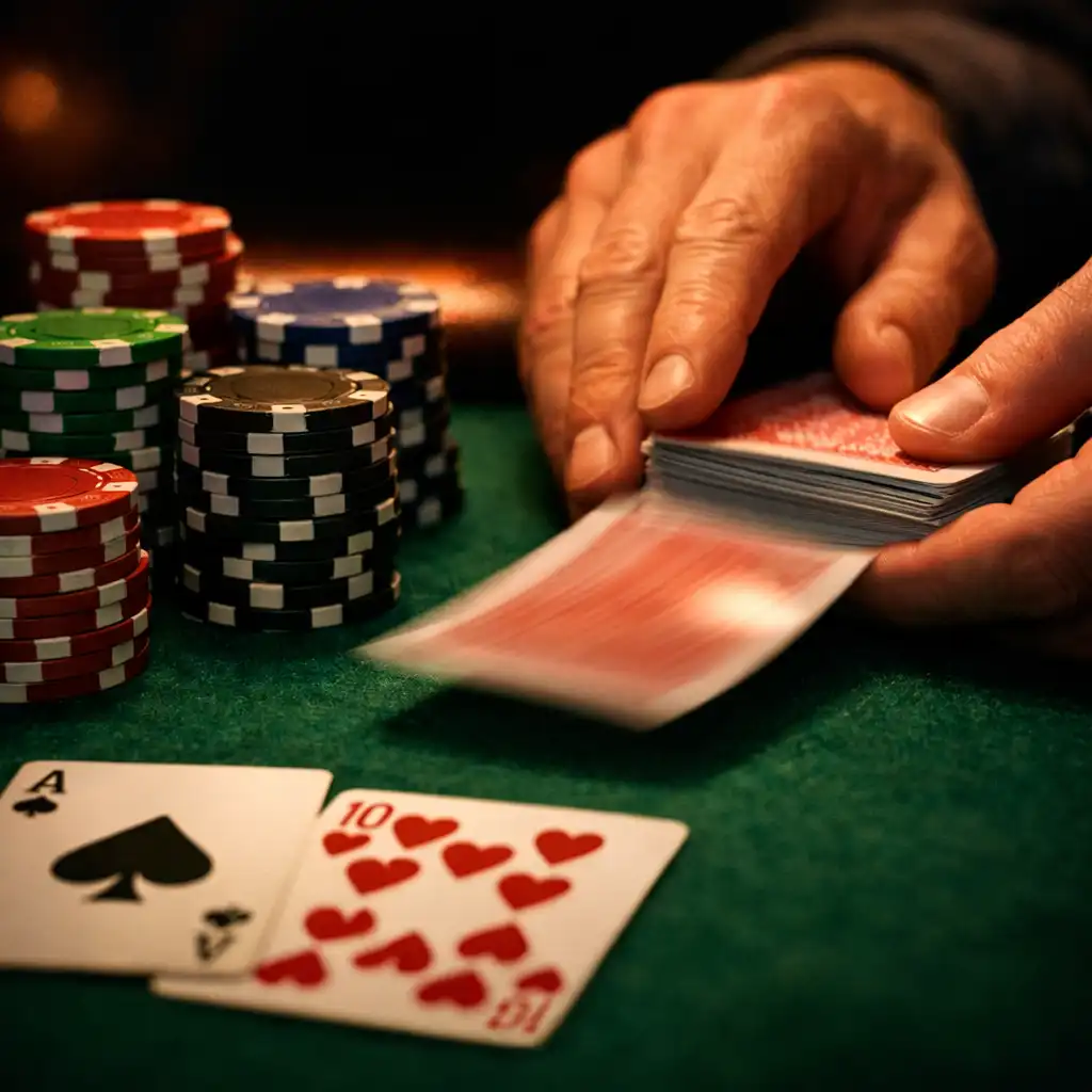 Close-up of hands on a green felt poker table with colorful chips and playing cards
