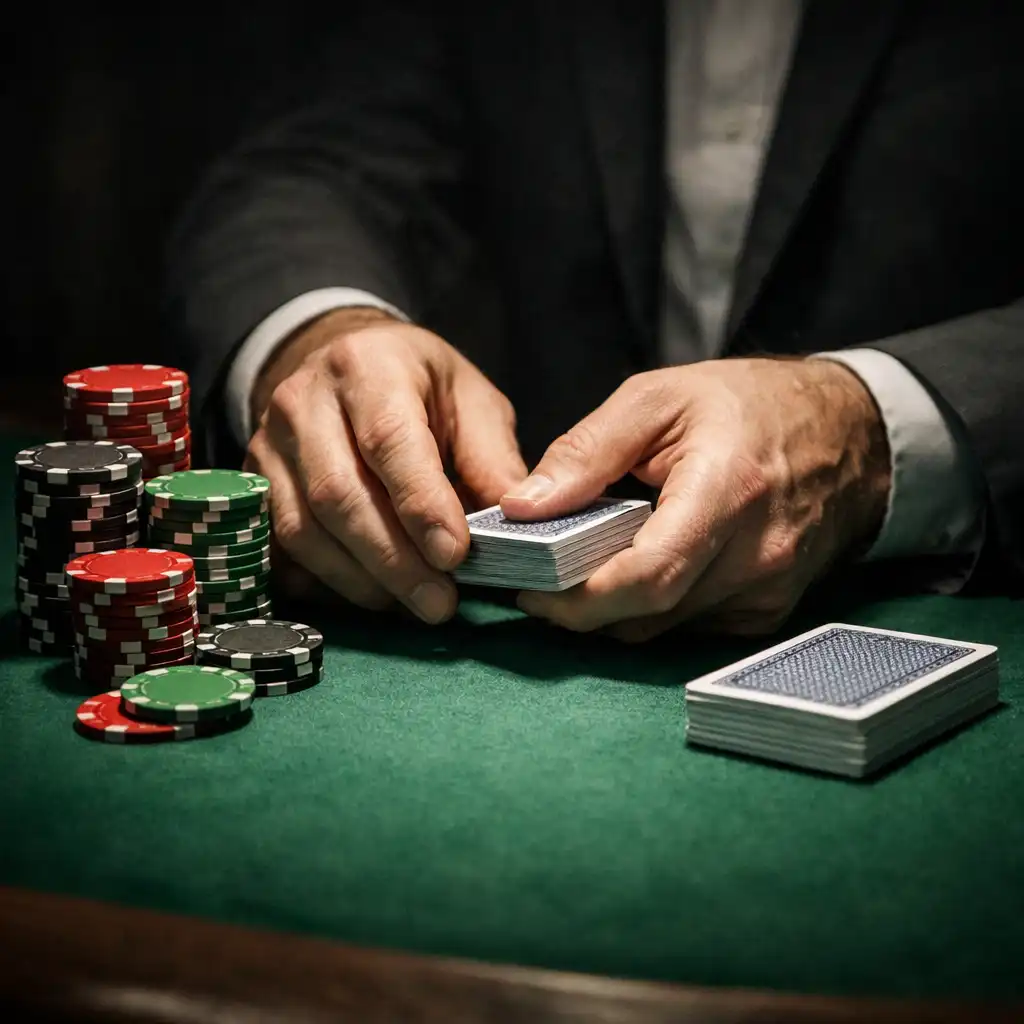 Close-up of a professional poker table with green felt, colourful chips, and playing cards face down