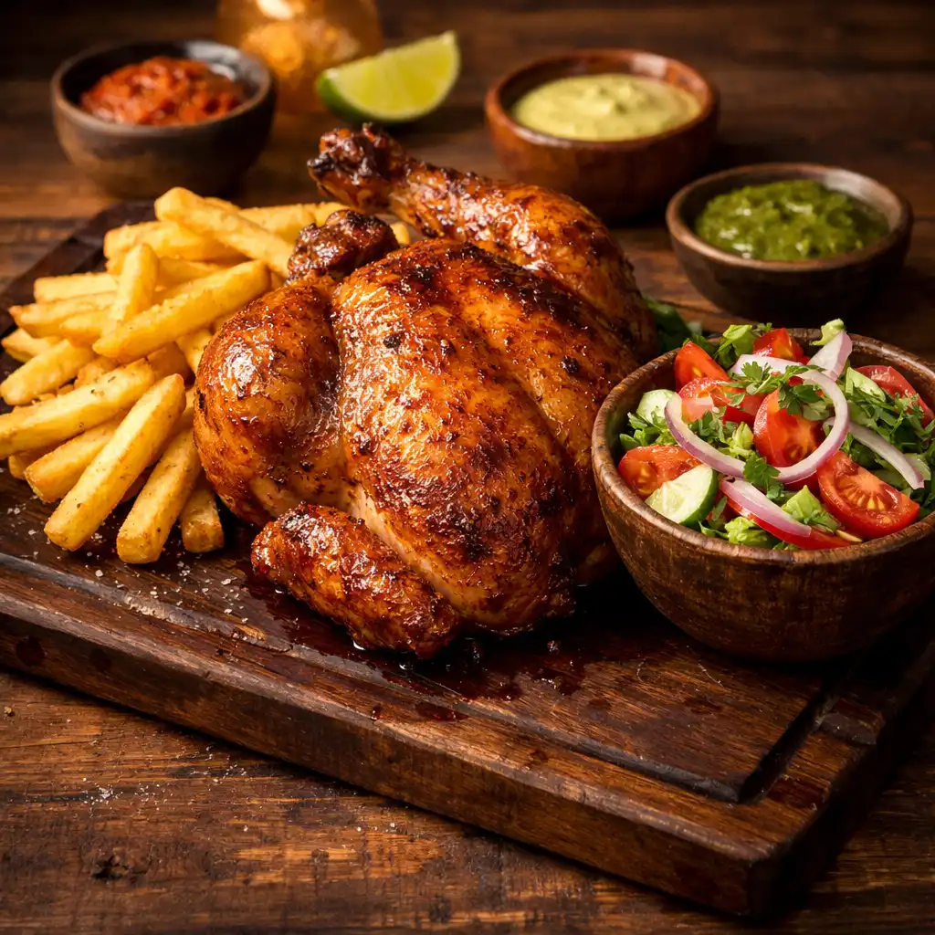 Peruvian-style rotisserie chicken with fries and salad