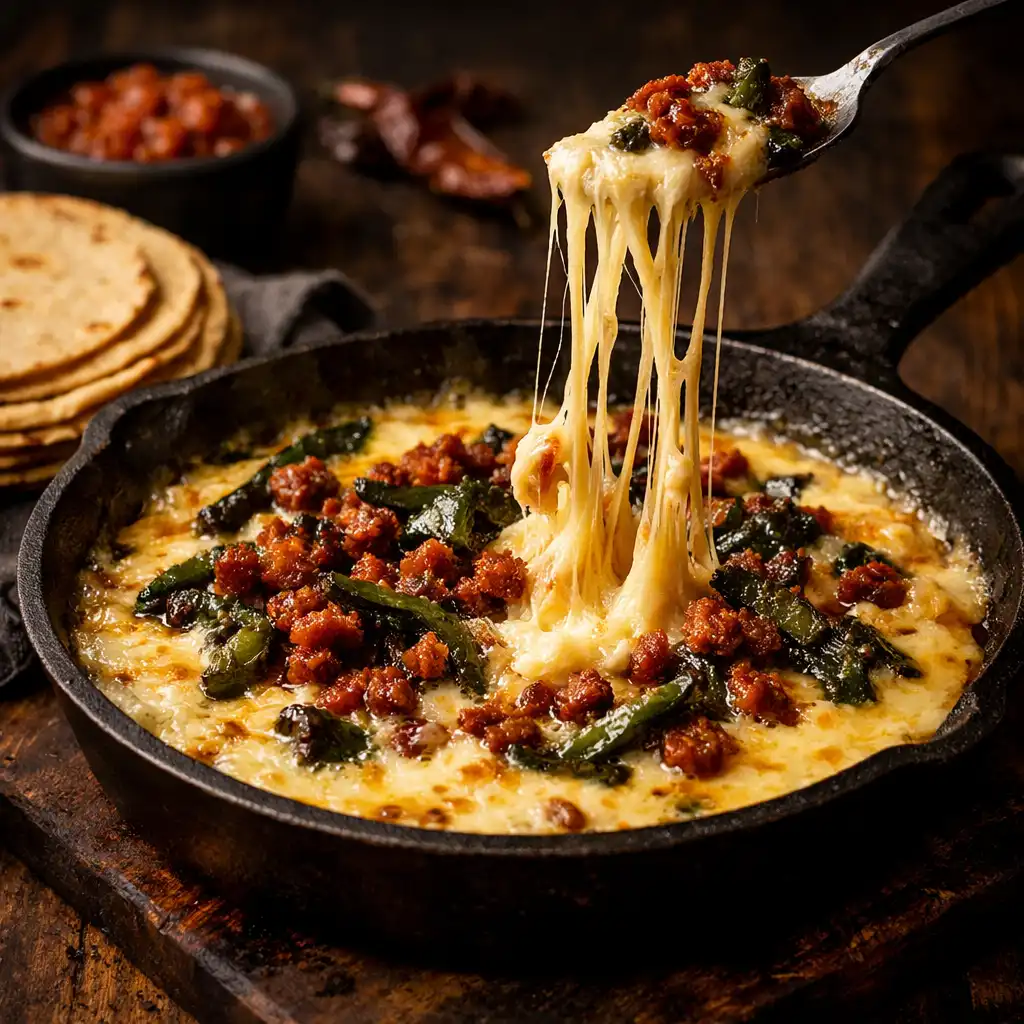 Queso fundido with chorizo and tortillas in a cast-iron skillet