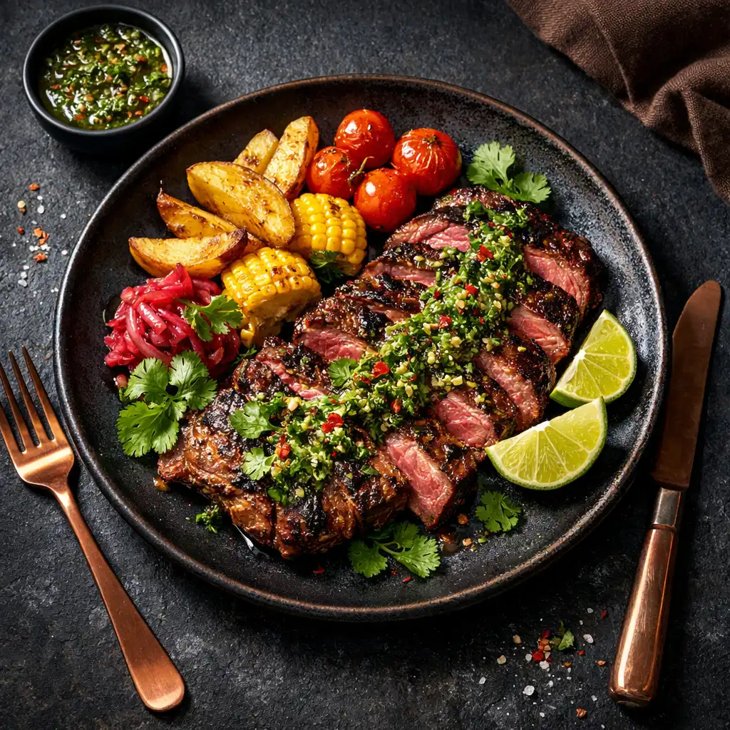 Beautifully plated Latin American dish with fresh herbs and lime on a dark plate