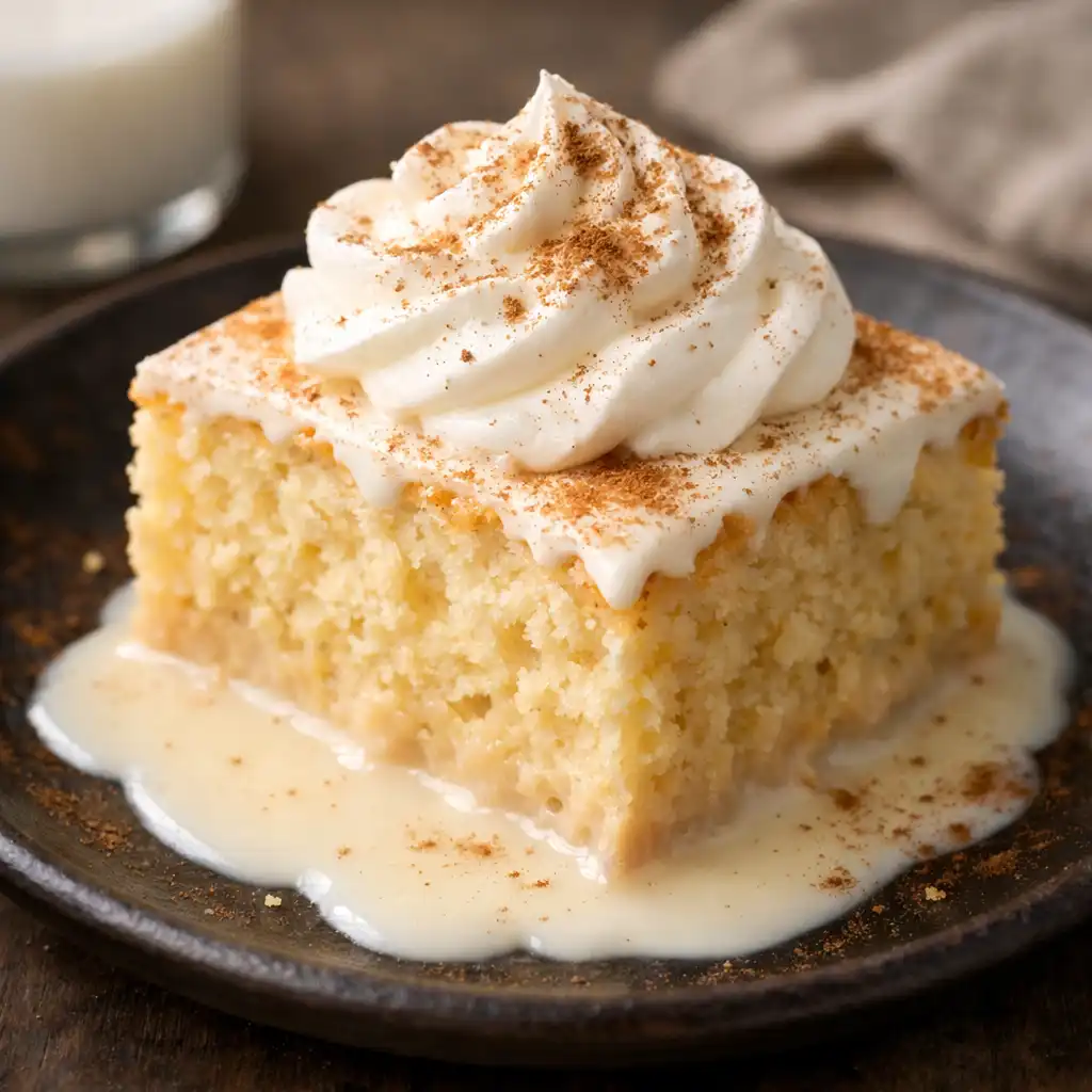 Slice of tres leches cake with whipped cream and cinnamon