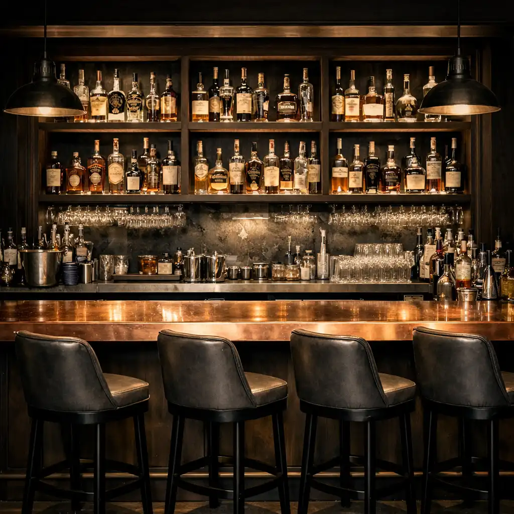 Stylish bar area with backlit premium spirits and copper bar top at Fiestayfortuna
