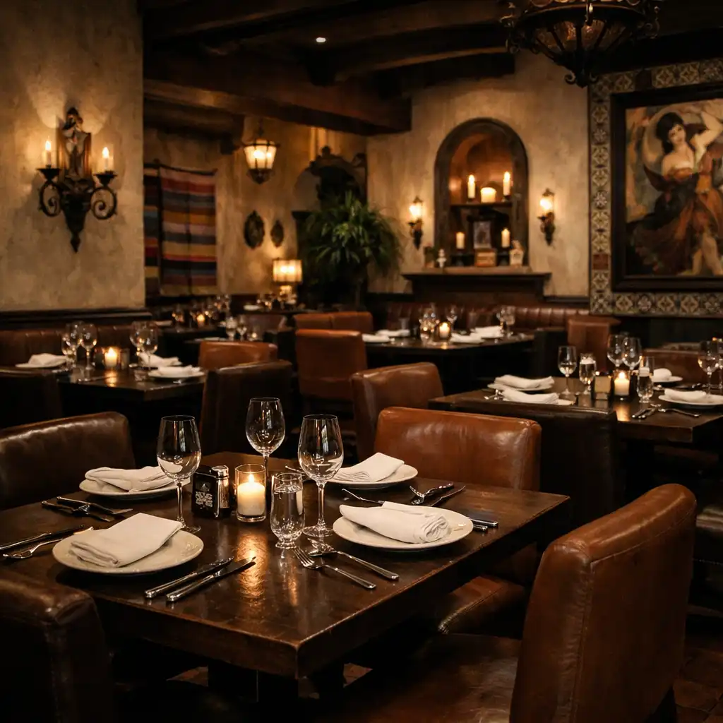 Elegant dining room at Fiestayfortuna with dark wood tables and warm ambient lighting
