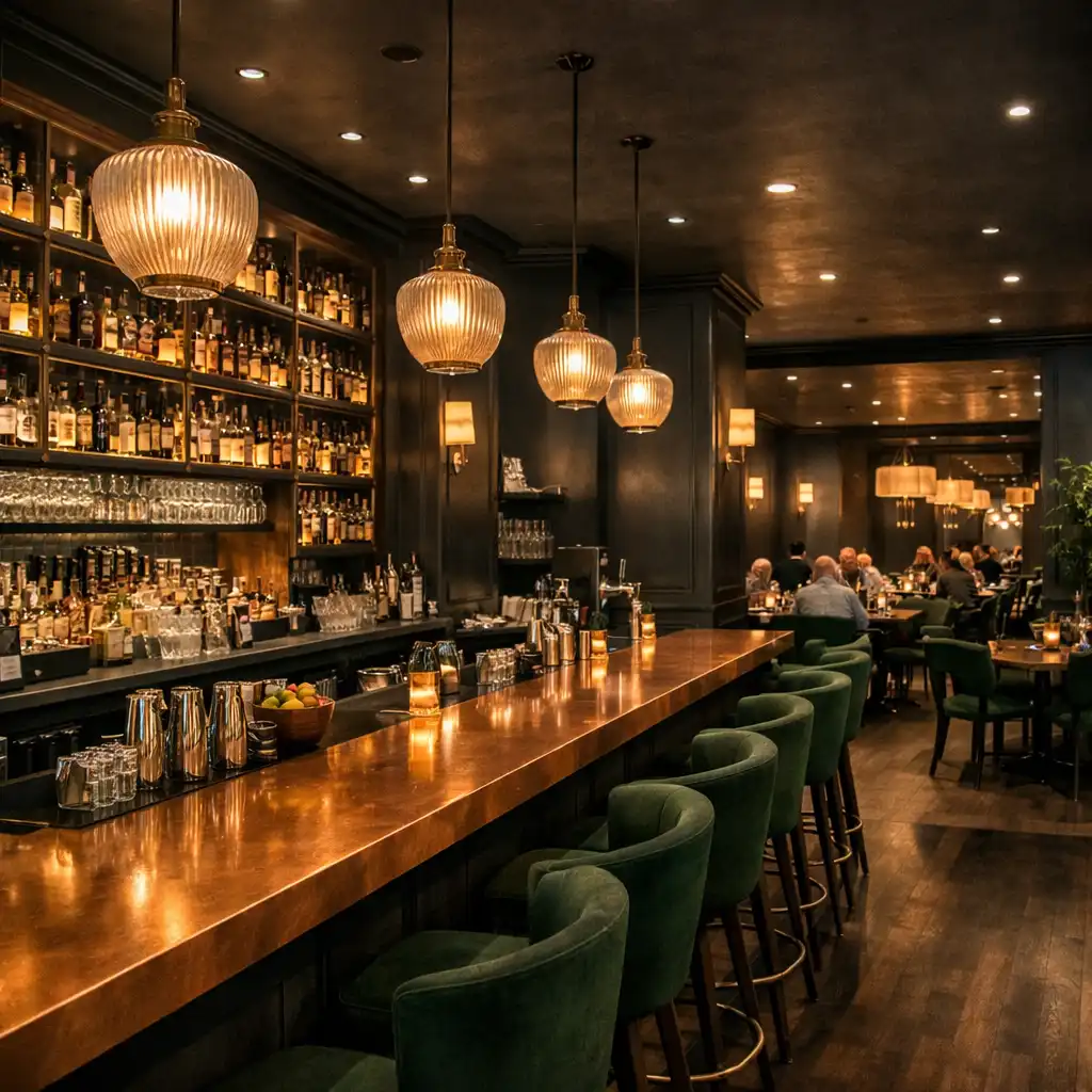 Wide view of Fiestayfortuna interior with bar, copper counter, dining area, and felt green accents